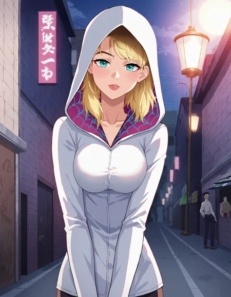 score_9, score_8_up, score_7_up, BREAK
((masterpiece)), ((best quality)), (anime screencap:1.5), Spider-Gwen, Gwen Stacy, white and pink Spider suit, posing in a dynamic stance in a dark alleyway, graffiti on the walls, dimly lit streetlights, detailed urban environment, wind blowing her hood and suit, 2d anime style, intricate details in her suit and the alley, gritty and intense atmosphere, depth of field, volumetric lighting, high dynamic range, sense of action and vigilance