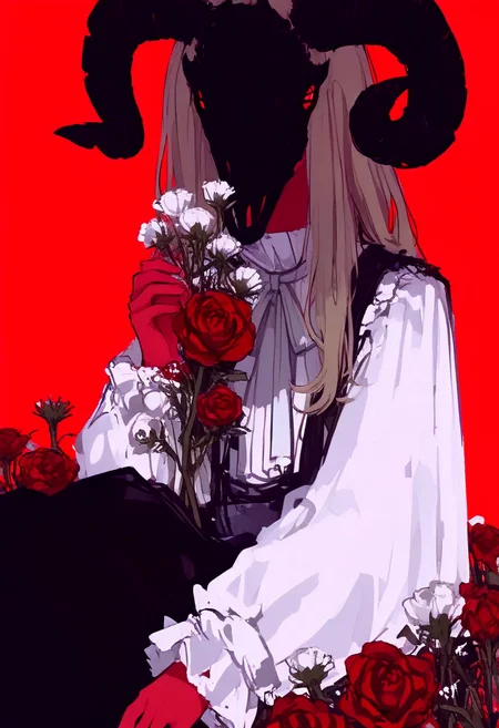 red background, flower, 1girl, solo, horns, long hair, white flower, shirt, red flower, long sleeves, white shirt, holding flower, blonde hair, simple background, rose, holding, red eyes, sitting, red rose, cross, frills, neck ribbon <lora:748cmXL_NBVP1_lokr_V6311PZ:0.95>