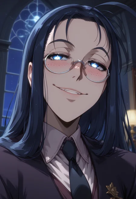 score_9, score_8_up, score_7_up, score_6_up, source_anime, absurdres, highres, official art, uncensored, lineart,
sharp focus, character focus, upper body, close-up, face focus,
rip van winkle, 1girl, solo, looking at viewer, long hair, blush, makeup, black hair, necktie, glasses, formal, suit, freckles, ahoge,
arrogant, naughty face, looking at viewer, half-closed eyes, smile,
luxury vampire castle, hall, indoors, night,
rising particles, glowing particles, depth of field, dark theme, <lora:AuraGlow_Style_v1:1.0> <lora:Rip_Van_Winkle__Hellsing:1.0>