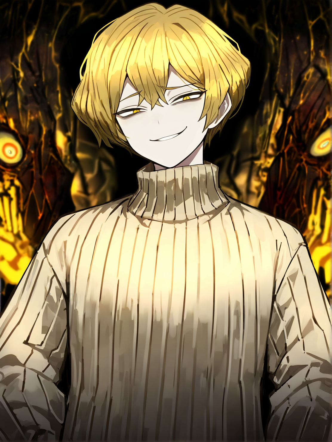 masterpiece,best quality,amazing quality,very aesthetic,absurdres,newest,huge filesize,<lora:limbus92:0.7>,limbusstyle,beige sweater, ribbed, high neck,smug,evil grin,closed mouth,upper body,1boy,male focus,solo,blonde hait,yellow eyes,project_moon,sinclair (project moon),project moon, <lora:Best_Facial_Expression_Helper_XTREME_ILLU:0.3>