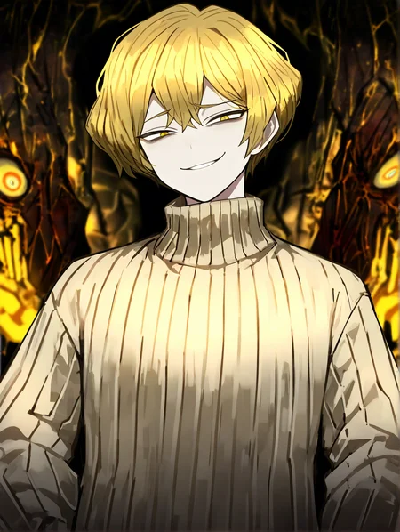 masterpiece,best quality,amazing quality,very aesthetic,absurdres,newest,huge filesize,<lora:limbus92:0.7>,limbusstyle,beige sweater, ribbed, high neck,smug,evil grin,closed mouth,upper body,1boy,male focus,solo,blonde hait,yellow eyes,project_moon,sinclair (project moon),project moon, <lora:Best_Facial_Expression_Helper_XTREME_ILLU:0.3>