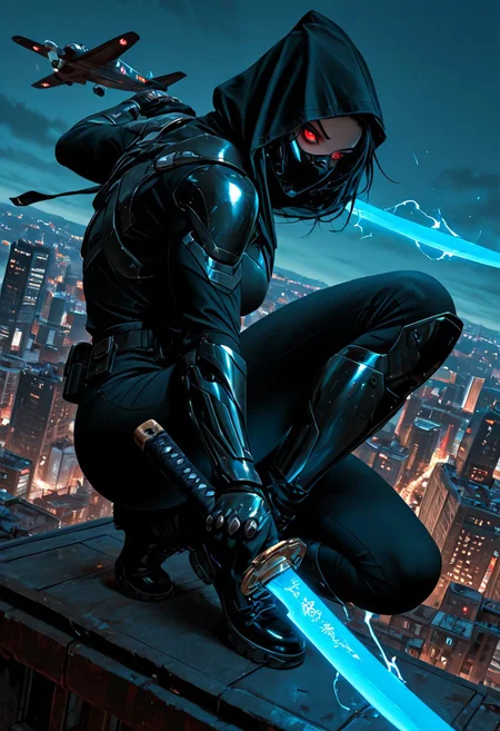 masterwork, masterpiece, best quality, detailed, depth of field, high detail, best quality, very aesthetic, 8k, photorealistic, realistic skin, realistic anatomy, good anatomy, deep colour, high contrast, hyperdetailed,sharp edges, precise, clear focus, detailed face, face focus, sideview, wide shot, looking at viewer, 
 futuristic city, gritty, 
 matte digital painting, meticulous shading, of a woman, solo, soldier, enigmatic, (glowing red eyes), matte black modular suit of armor, molded armour, whole body protection, heavy boots, holding an elegant katana, (blue glowing blade:1.5), blade up, ready to fight, dynamic stance. Deep hood, black face mask, pale skin, 
background war-torn futuristic urban landscapes, fighter planes overhead, firing missiles, night sky, dramatic lighting, dynamic angle, whole body, face focus, high contrast, deep shadows, distant fires, smoky sky, matte painting, 
emwv2-illu