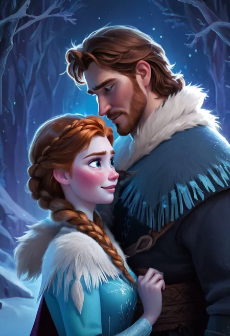 by Lois van Baarle,  1 female, anna from the movie frozen, auburn hair in two braids, 1 male, kristoff rom the movie frozen, couple, lovers,  axe, fur cape, garland of beads, night, moon, snow, blizzard, illustration, 2d, best quality, best facial detail
