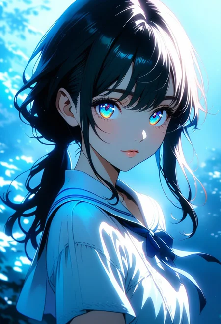 (masterpiece, very aesthetic:1.4), ultra-detailed, best quality, incredibly absurdres, Accurate, 
minimalistic, cinematic, anime, (lineart:1.2), (soft lighting:1.2), 
silver theme, outdoors, sunny, light leaks, sunlight, 
portrait, upper body, (front view), looking at viewer, 
silver theme, (blue shene:0.7), 
BREAK 
a young adult, solo, college age, 
stylish, elegant, mature, settled, quiet,  
(boyish:1.2), (flat chest:1.4), porcelain skin,
(small face), Fine-boned face, beautiful detailed face, 
cool face, Sharp features, slender, leggy, 
BREAK 
(black hair with blue tint), asymmetrical cut,  short low ponytail, nape, long sidelocks, (shiny glossy hair:1.2), 
BREAK 
aqua eyes, (eyes with shifting iridescent colors:0.7), slant eyes, glass-like eyes are blurry and dreamy, (beautiful detailed eyes:1.3), long delicate eyelashes, Meticulous Eyelash Details, perfecteyes, 
BREAK 
(white sailor dress:1.2), (short sleeve), indigo ribbon tie, 
thin leather belt, 
(gorgeous lips:0.7), 
(light smile:0.7), close mouse,