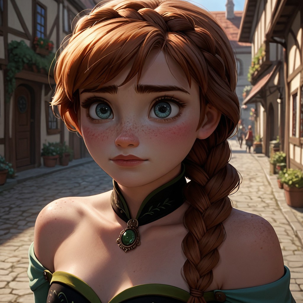 score_9, score_8_up, score_7_up, score_6_up, score_5_up, score_4_up, Anna, in a village, freckles, braid, red hair, exposed shoulders, blushing, portrait