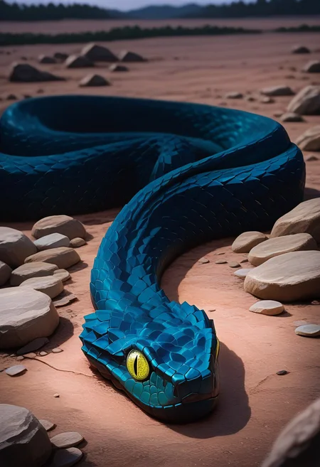 masterpiece, best quality, very aesthetic, ambient lightning, depth of field, cinematic illumination, SViper, solo, ((feral, snake, serpent)), viper, spiny scales, (black scale), detailed background, outdoors, rocks, (anatomy correct),