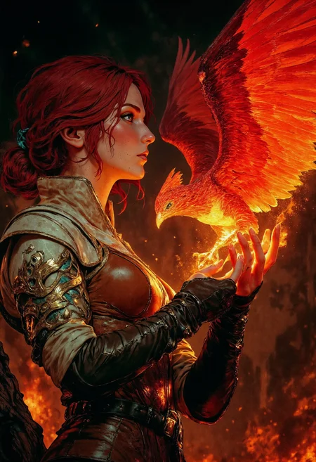 TrissM, a woman with fair skin and tied red hair adorned with side bangs. She is dressed in brown leather corset. Her expression is serene and focused as she gazes at a vibrant, mythical phoenix perched on her hand. The phoenix is depicted with fiery red and orange feathers, exuding a warm glow that illuminates the scene. The background is a blurred, dark setting with floating embers, enhancing the mystical atmosphere. <lora:FluxMythV2:0.6> <lora:ck-painterly-fantasy:0.6> <lora:flux.1_lora_flyway_Epic-detail_v2:0.5> <lora:RetroAnimeFluxV1:0.7>
<lora:FluxTrissMV1:0.8>