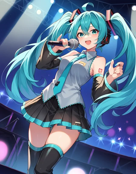 score_9, score_8_up, score_7_up, source_anime,
mikuhatsune, <lora:miku-hatsune-ponyxl-lora-nochekaiser:1>,
miku hatsune, ahoge, aqua eyes, aqua hair, crossed bangs, hair between eyes, hair ornament, headphones, long hair, twintails, mature female,
aqua necktie, black footwear, black skirt, black sleeves, boots, collared shirt, detached sleeves, grey shirt, necktie, pleated skirt, shirt, skirt, sleeveless, sleeveless shirt, thigh boots, tie clip,
indoors, stage, stage lights, concert, microphone, holding microphone, audience, singing,
looking at viewer, dutch angle, cowboy shot,