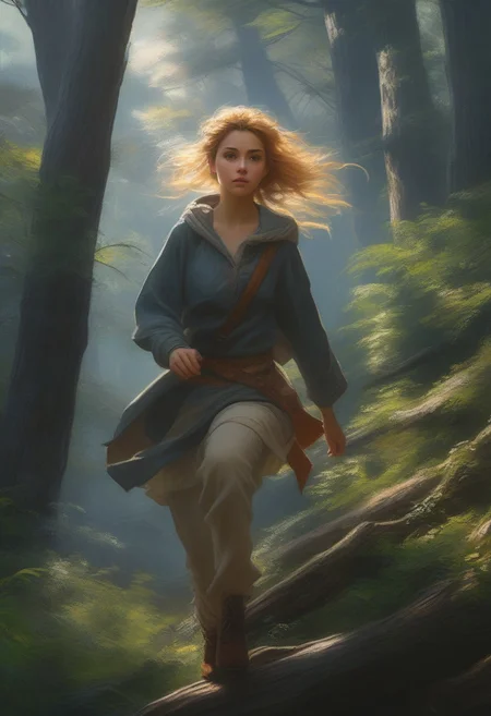 8K, HDR, RGB, Close-up, Hyperrealism, Oil Painting, Scene Detail, Stunning Looks, Super High Quality Detail, UHD, Top Angle,
a teenage girl, a fairy, rushes through the forest, wearing tattered clothes, navigating twisting dangers. The dim moonlight reveals a pale, trembling figure with blurry golden hair, hyperrealism, intricate detail, amazing craftsmanship, depth of field, sharp focus, dynamic action poses, creative poses, elegance,
Greg Rutkowski, Studio Ghibli Genshin Impact