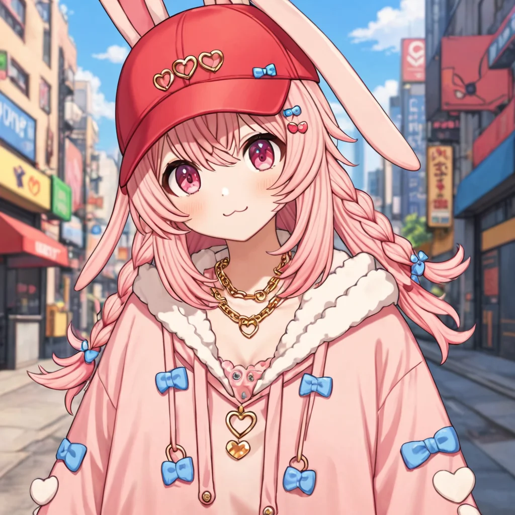 pippa, :3 rabbit ears, bangs, closed mouth, rabbit girl, sleeves past wrists, solo, twin braids, virtual youtuber, ahoge, pink eyes,
pipi hairclip, heart hairclip, bow hairclip, bunny hairclip, red bow hairclip, tiny heart hairclip,
(outside, city)
((gangster, backwards cap, gold chain, jewlery, gangster clothes, swag, full body, holding a gun, baggy pants,))
(((best quality, ultra-detailed, shading, sharpness, volumetric lighting, cowboy shot)))
<lora:PIPPA-XL-t9-000001:0.6>