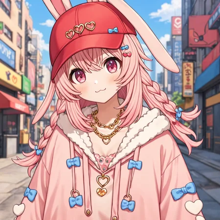 pippa, :3 rabbit ears, bangs, closed mouth, rabbit girl, sleeves past wrists, solo, twin braids, virtual youtuber, ahoge, pink eyes,
pipi hairclip, heart hairclip, bow hairclip, bunny hairclip, red bow hairclip, tiny heart hairclip,
(outside, city)
((gangster, backwards cap, gold chain, jewlery, gangster clothes, swag, full body, holding a gun, baggy pants,))
(((best quality, ultra-detailed, shading, sharpness, volumetric lighting, cowboy shot)))
<lora:PIPPA-XL-t9-000001:0.6>