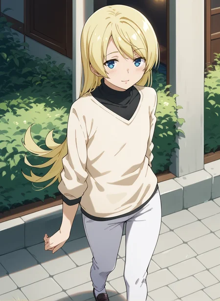 score_9,score_8_up,score_7_up,source_anime,anime,nsfw,rating_explicit,uncensored,High quality,Ultra detailed,best quality,insanely detailed,beautiful,masterpiece,prefect lighting BREAK
<lora:shiina_anzu_V1:1>,(shiina_anzu, blonde hair, long hair, blue eyes,flat chest,pants, white pants,turtleneck,sweater,socks,shoes),1girl,solo,outdoors,giggling,standing,front view,,looking_at_viewer,