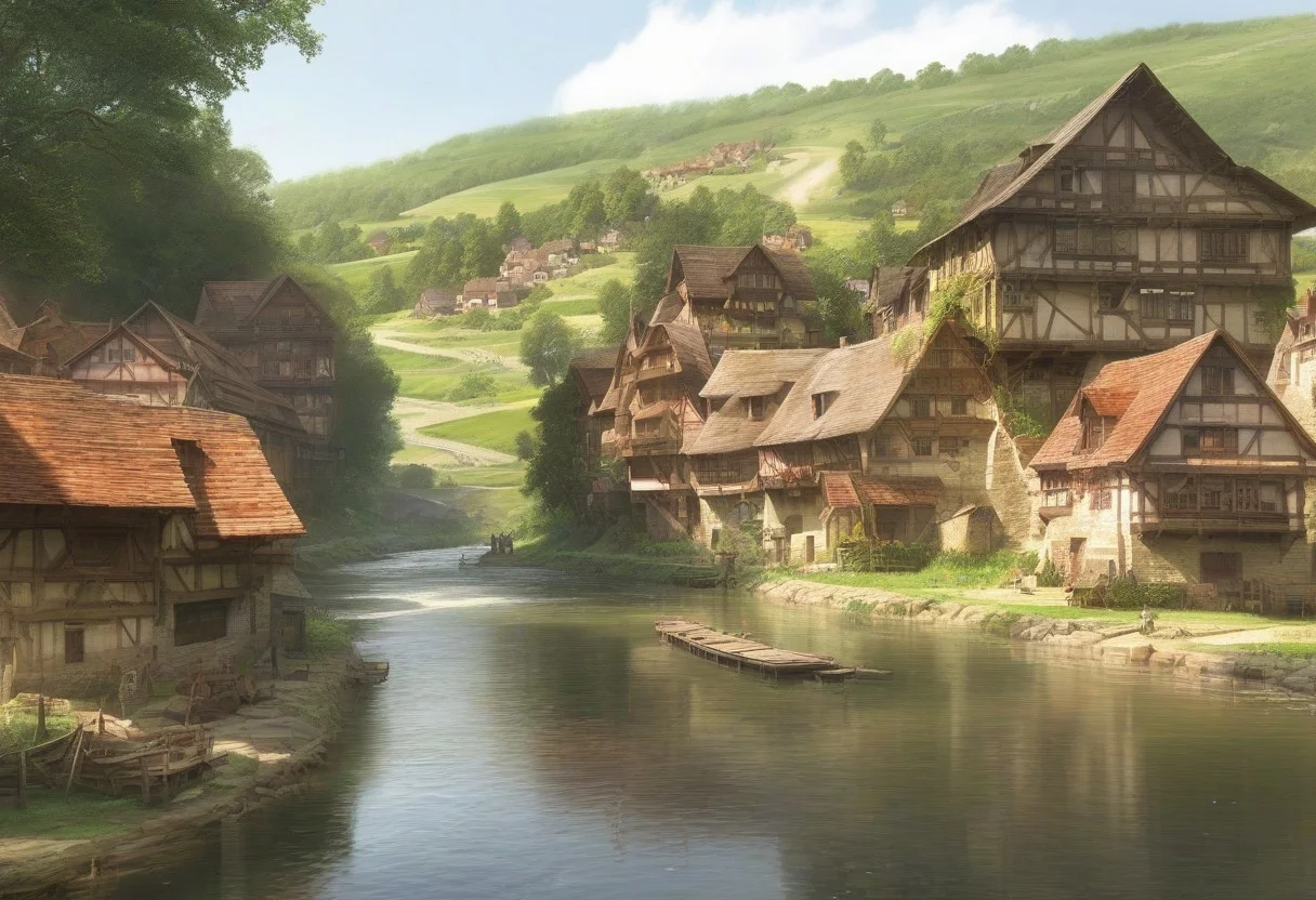 score_9, score_8_up, score_7_up, Fantasy_look illustration, summer, sunshine, fantasy, nature, scenery, river, village, buildings, outdoors, water, realistic,EasyNegativeV2