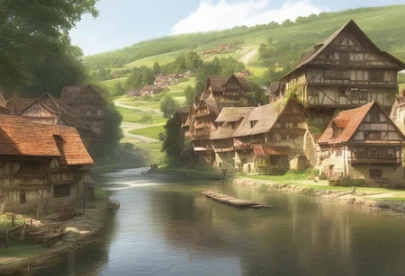 score_9, score_8_up, score_7_up, Fantasy_look illustration, summer, sunshine, fantasy, nature, scenery, river, village, buildings, outdoors, water, realistic,EasyNegativeV2