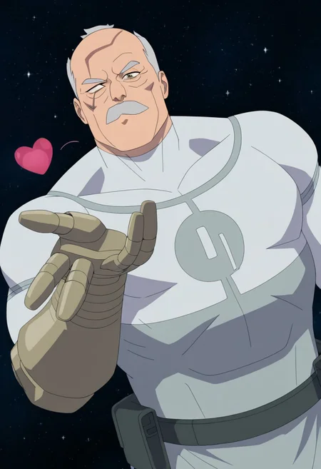 masterpiece, best quality, newest, absurdres, highres, Invincible-show-style-INVPACK.V1.0, 1boy, Conquest-ISV-V1.0 old man, white hair, mustache, facial hair, scar, blind eye, single mechanical arm, heart, blowing kiss, space, night, stars, brown eye, detailed eye, blowing kiss, heart, puckered lips, o3o