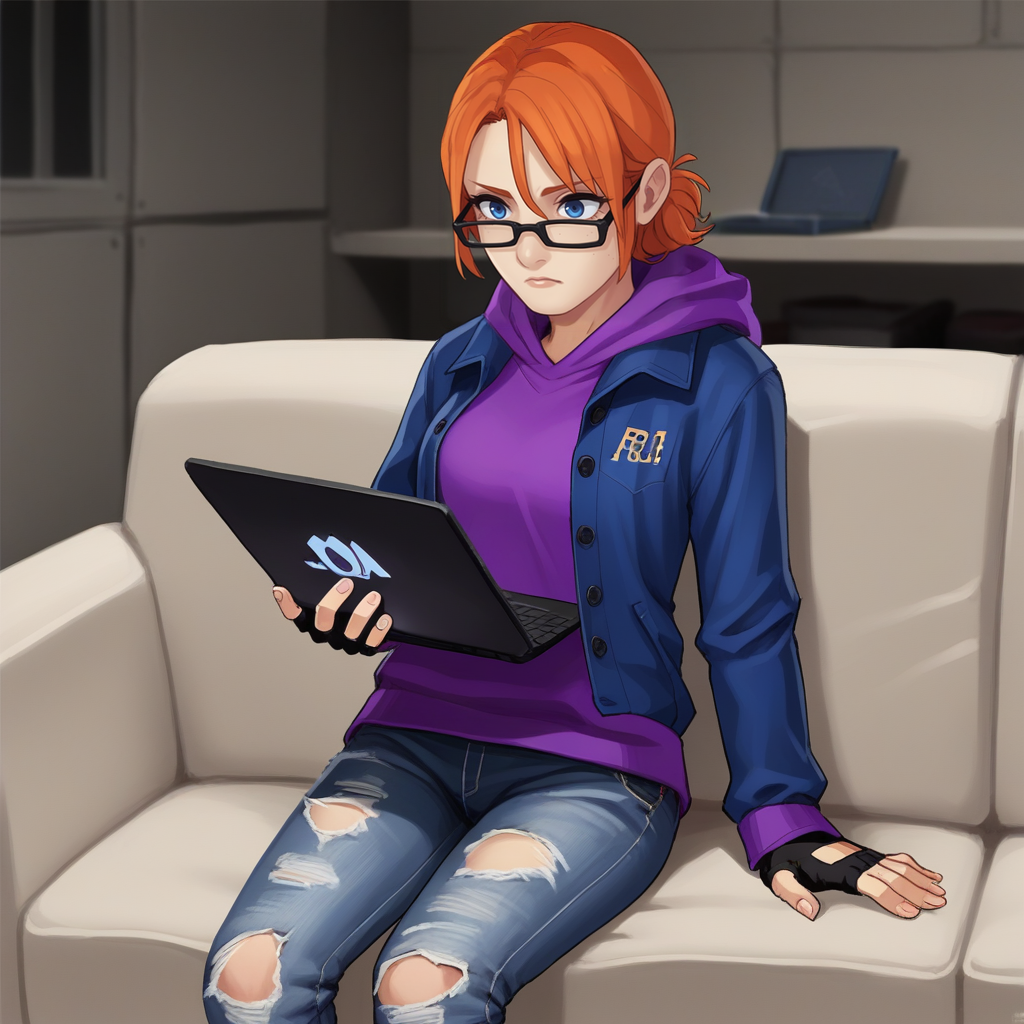 score_9, score_8_up, score_7_up, score_6_up, score_5_up, score_4_up, zPDXL2,source_anime, rating_questionable, 1girl, solo, <lora:Kinzie_Kensington_-_Saints_Row:0.8> k1nzie, glasses, blue eyes, orange hair, blue fbi jacket, purple hoodie, ripped jeans,fingerless gloves, industrial warehouse, on couch, laptop,