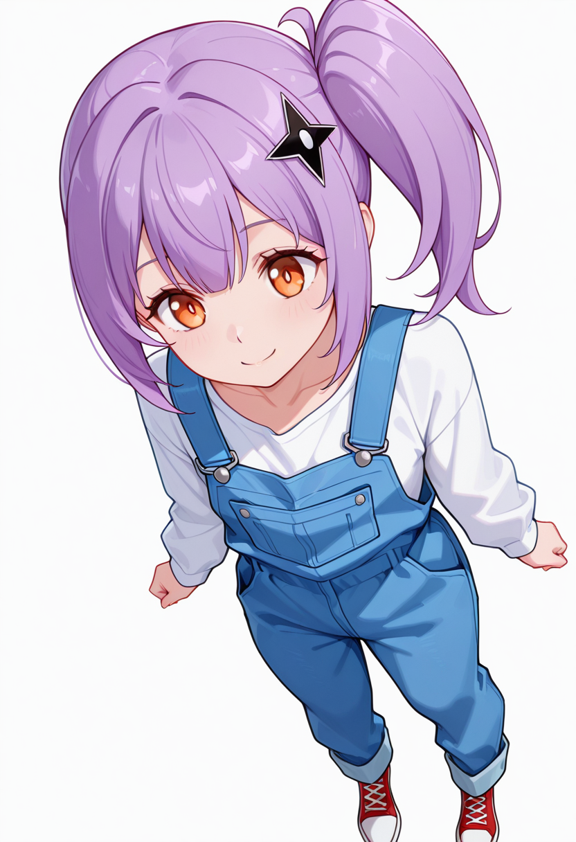masterpiece,high quality details, absurdres,
 <lora:Satoko_Kusagakure:0.9>
satoko_cnr, 1girl, purple hair, long hair, side ponytail,orange eyes,hair ornament,sidelocks,enh_cnr,
satoko_s2, collarbone,overalls,white shirt, long sleeves, pants, red footwear, shoes,, simple background, white background, dynamic angle,solo,, happy,lonely,, :i,