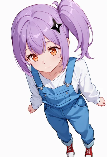 masterpiece,high quality details, absurdres,
<lora:Satoko_Kusagakure:0.9>
satoko_cnr, 1girl, purple hair, long hair, side ponytail,orange eyes,hair ornament,sidelocks,enh_cnr,
satoko_s2, collarbone,overalls,white shirt, long sleeves, pants, red footwear, shoes,, simple background, white background, dynamic angle,solo,, happy,lonely,, :i,
