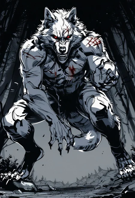 yoji_shinkawa,sketch, Giant wolf, dynamic pose, (perspective:1.2), close up cuts, scratches, wounds, red eyes, teeth, white fur, tail, dripping blood, full body, scary, black theme, forest, rocks, plants, night, dark, blood <lora:Yoji_v2-000014:0.85>, score_8_up, score_7_up, score_6_up