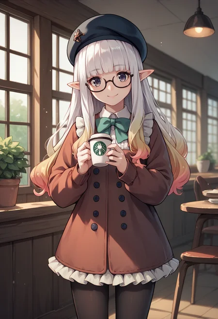 score_9, score_8_up, score_7_up, source_anime, 1girl, cowboy shot, looking at viewer, smile, holding coffee cup, <lora:AiryBD-pdxl:1> airyBD, long hair, blunt bangs, gradient hair, pointy ears, glasses, beret, frilled dress, bowtie, long sleeves, pantyhose, indoors, cafe