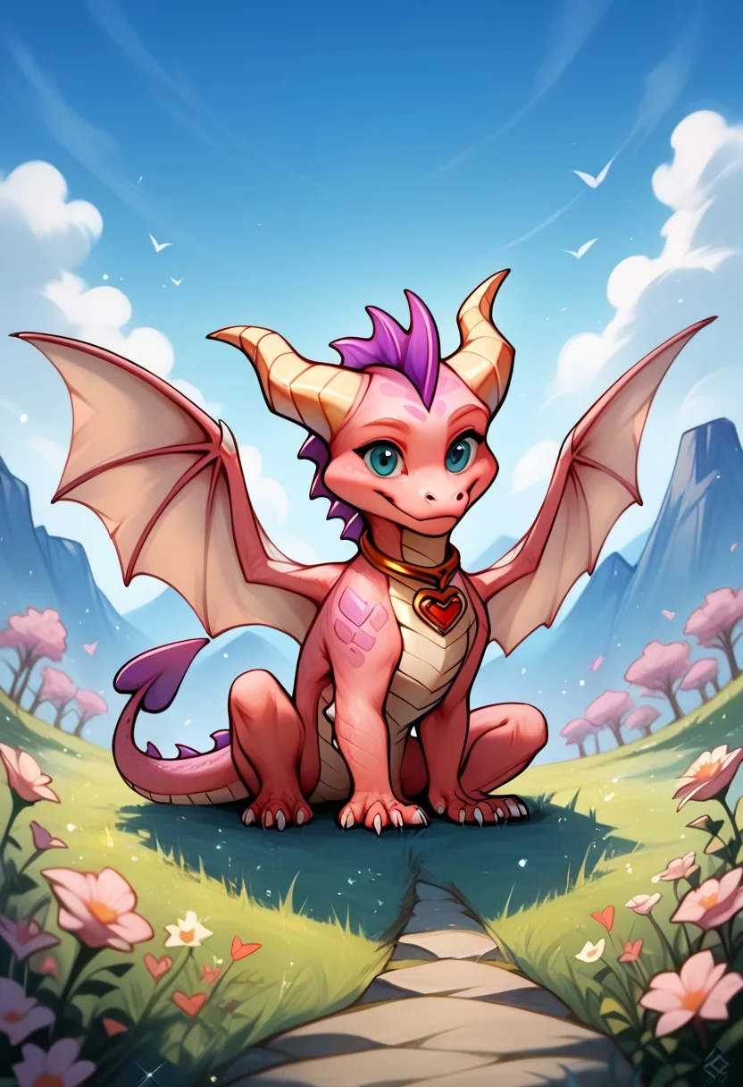 <lora:Vikings_Cutie_Chibi_Style:1> cute chibi, realistic, porn, BREAK, <lora:Ember1:1> ember_spyro, feral dragon, pink scales, necklace, sitting, valley, zPDXL2, zPDXLxxx, zPDXLrl, <lora:Pony_QualityV4.0:1.12>