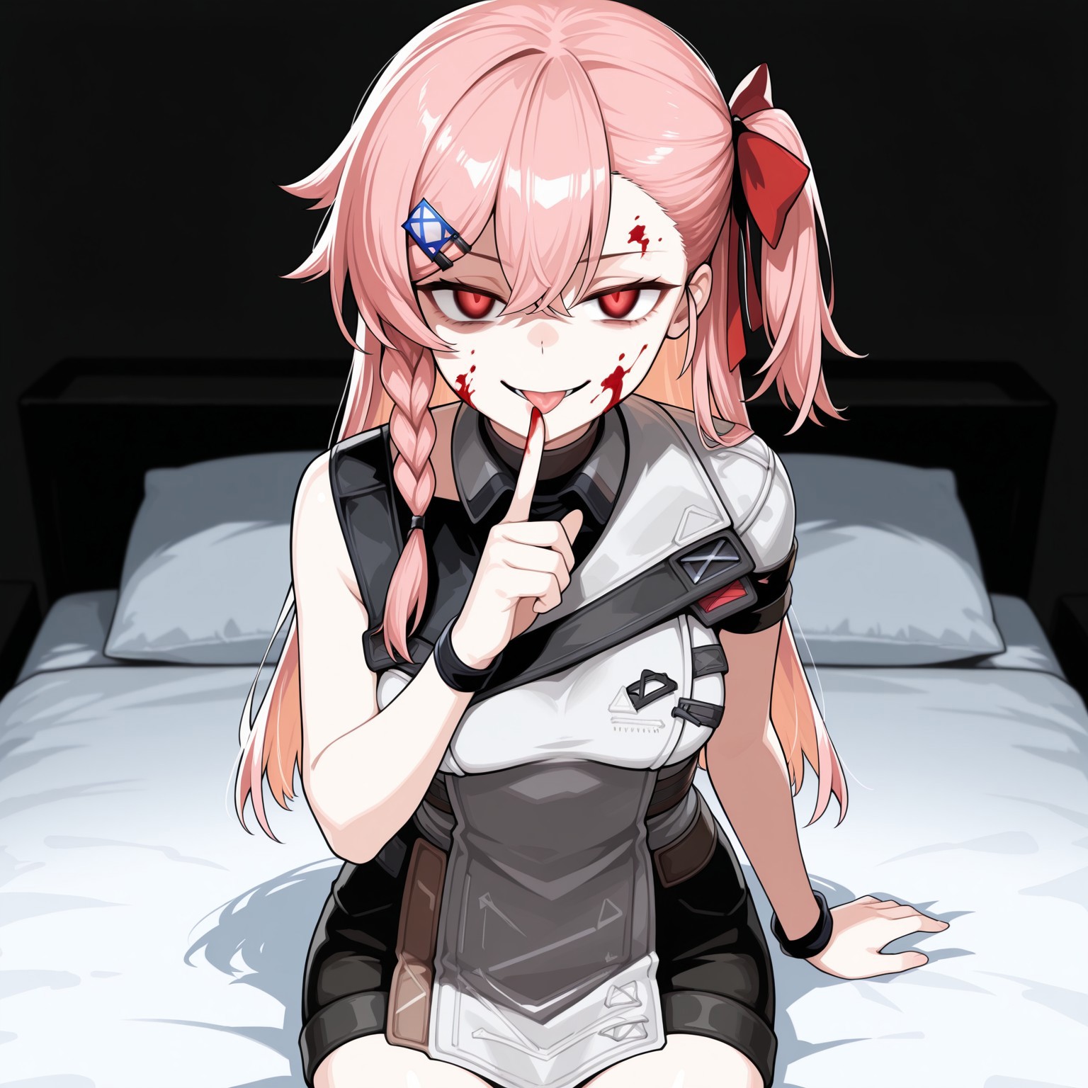 masterpiece, best quality, good quality, very aesthetic, absurdres, newest, 8K, focused subject BREAK 1girl, sitting, on bed, cowboy shot, looking at viewer, negev \(girls' frontline\), evil smile, hair ornament, blood, blood on face, elmodorm, licking, finger to own mouth, licking index finger, sleeveless, zipper, medium breasts