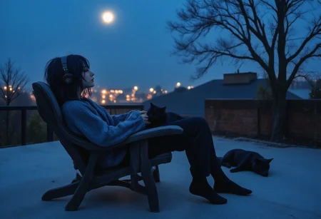 1girl, wearing headphone, sweater, pajama, socks, sitting in resting chair, roof top, side view, a black cat sleeping in lap, a dog sleeping near chair, railing in background, blue moon, a tree near railing, FictionalOpal, alternative girl with messy navy blue hair, DarkAtmosCE style, highres, realistic, fhd, widescreen, moonlight,