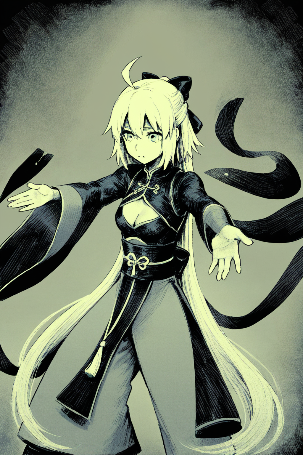 score_9, score_8_up, score_7_up, okita souji alter \(fate\), ahoge, black bow, black footwear, chinese clothes, chinese knot, cleavage, cleavage cutout, clothing cutout, dark skin, grey eyes, hair bow, half updo, hanfu, layered sleeves, long hair, long sleeves, pants, robe, sash, tassel, very long hair, white hair, wide sleeves, solo, solo focus, portrait, high contrast, , Leaping forward with arms stretched out., (green theme:1.5), (monochrome:1.5), <lora:godiva_green:1>