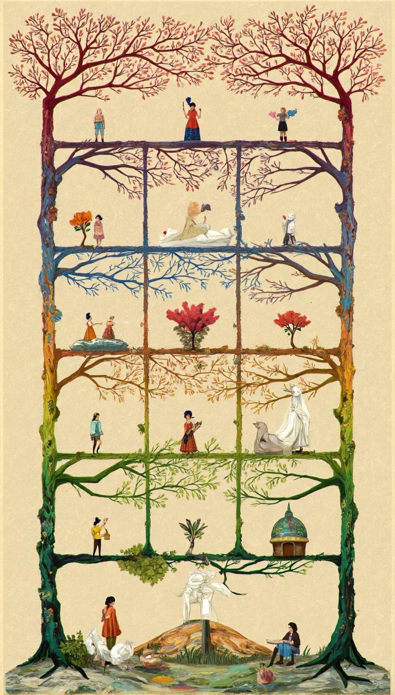 <lora:ck-LttleGhost-000011.safetensors:1> in the style of ck-lttlegh0stWithin a grid arrangement on a soft beige canvas, stylized rainbow-hued trees unfurl with intricate branches, each housing a diminutive figure. The artist's "lapislazurita" brings forth an enchanting, dreamlike ambiance, as the viewer is drawn into this fantastical world.