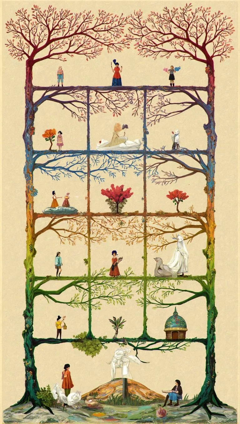 <lora:ck-LttleGhost-000011.safetensors:1> in the style of ck-lttlegh0stWithin a grid arrangement on a soft beige canvas, stylized rainbow-hued trees unfurl with intricate branches, each housing a diminutive figure. The artist's "lapislazurita" brings forth an enchanting, dreamlike ambiance, as the viewer is drawn into this fantastical world.