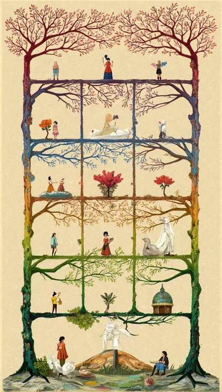 <lora:ck-LttleGhost-000011.safetensors:1> in the style of ck-lttlegh0stWithin a grid arrangement on a soft beige canvas, stylized rainbow-hued trees unfurl with intricate branches, each housing a diminutive figure. The artist's "lapislazurita" brings forth an enchanting, dreamlike ambiance, as the viewer is drawn into this fantastical world.