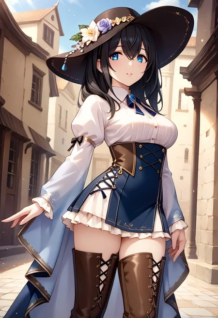 score_9, score_8_up, score_7_up, score_6_up, score_5_up, score_4_up, source_anime,
sgswfmk, hair between eyes, bangs,
blue eyes, black hair, long hair, large breasts, wide hip,
hat, cowboy western, thighhighs, boots, jewelry,
1girl,