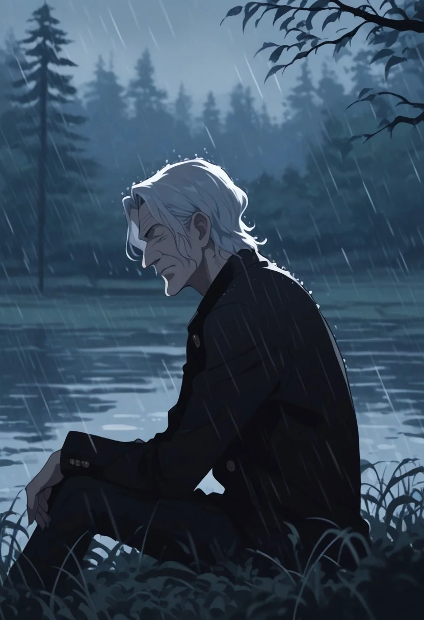 score_9, score_8_up, score_7_up, source_anime, rating_safe, raining, KurehaOP, curved Kureha nose, (white Kureha short hair), closed eyes, 1boy, male focus, old man, from side, sitting, blurry outdoor lake, calm water ripples, water, foggy, distant tree, atmospheric perspective,