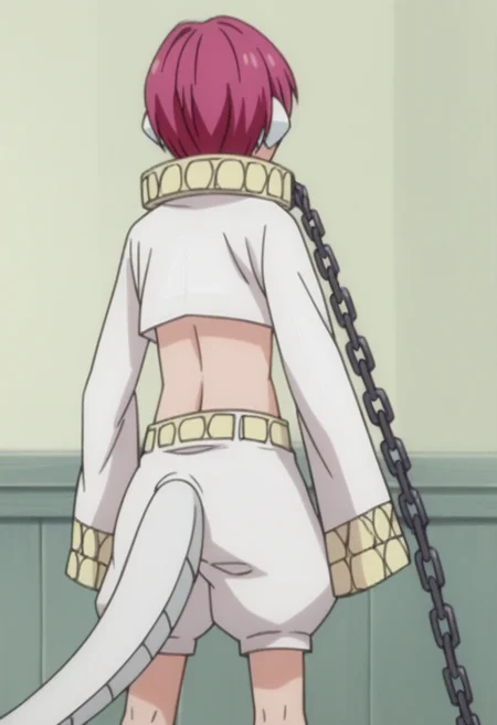 source_anime,anime screencap, anime coloring,intricate details,rating_explicit, masterpiece, best quality,
(best quality, absurd res, ultra detailed),,(4 finger:0.5),1girl, ((solo)), good eyes,perfect eyes,,detailed eyes, zPDXLxxx , zPDXL3, OverallDetail,detailed, detailed face
BREAK
solo,indoors,from behind, back view, standing, facing away,
zabimaru, 1boy, pink hair, short hair, crop top, sleeves past wrists, white puffy shorts, chain, collar, ((tail)),
, <lora:add-detail-xl:2>  <lora:zabimaru_r1:0.8>