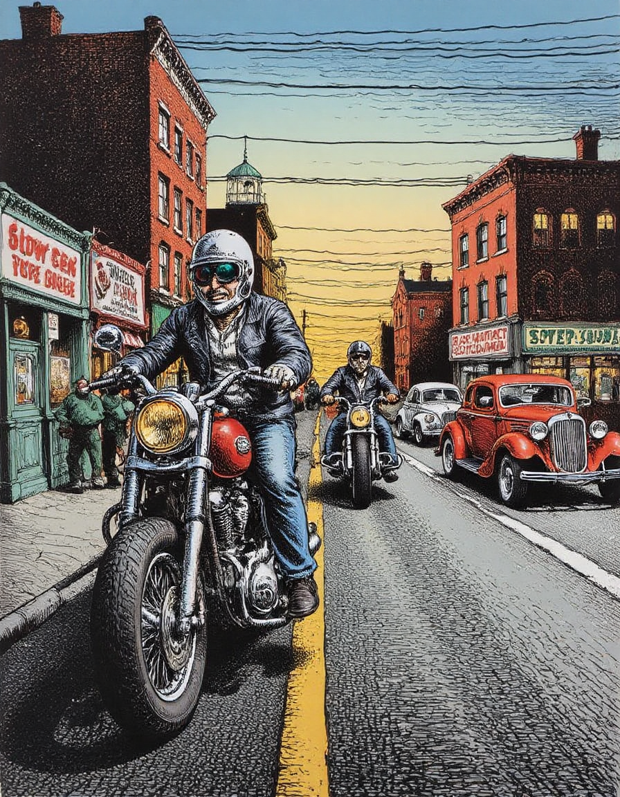 an illustration of a group of motorcycle riders the city street, hotrods parked along the city street,  in the style ofr0b3rt_crum8