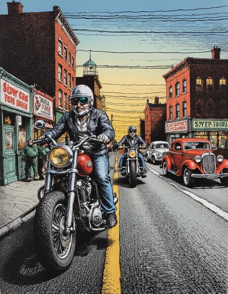 an illustration of a group of motorcycle riders the city street, hotrods parked along the city street, in the style ofr0b3rt_crum8