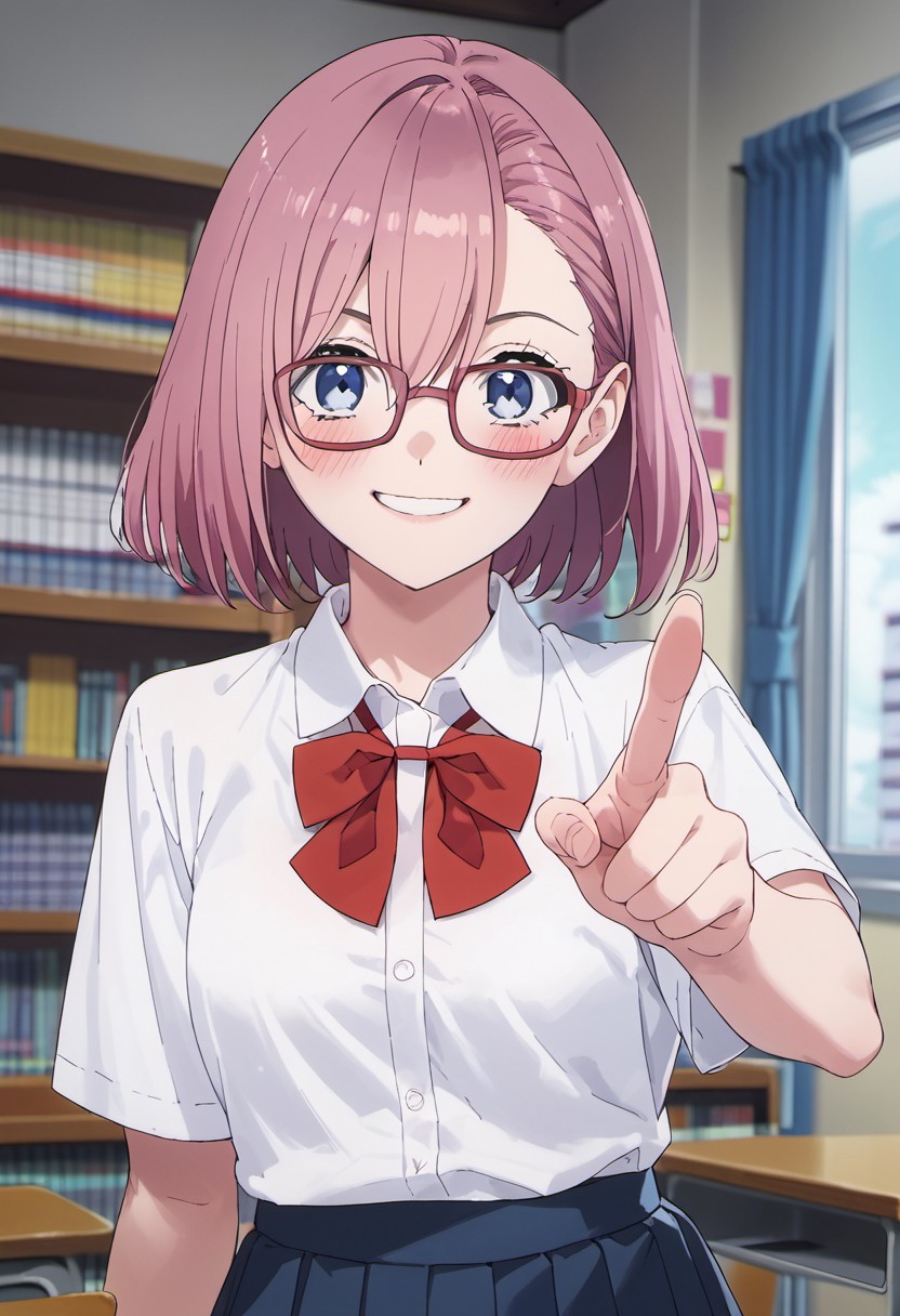 score_9, score_8_up, score_7_up, source_anime, amano ririsa, short hair, pink hair, blue eyes, glasses, shirt, blush, bow, school uniform, smile, white shirt, indoors, looking at viewer, 1girl, solo, bookshelf, red bow, bowtie, pointing