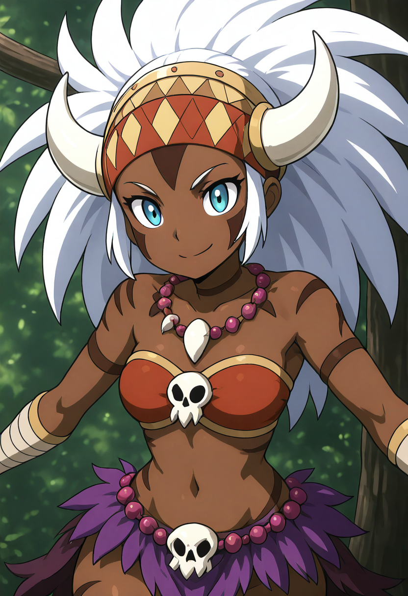 masterpiece, best quality, solo, curvy, beautiful eyes, narrow waist, wide hips, 1girl, solo, smile, looking at viewer, dynamic angle, foreshortening, close up,     zzAmaPrincess, blue eyes, dark skin, fake horns, long hair, white hair, tattoo, bodypaint, tribal, necklace, skull,  bandeau, midriff, purple skirt,   <lora:AmazonessPrincess_IXL:1.0>, arms crossed, head tilted, cowboy shot, confident look,  looking at viewer,