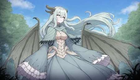<lora:PAARTHURNAX_IL:0.6>,
masterpiece,best quality,good quality,newest,
outdoors,detailed background,nature,blue sky,blue sky,lens_flare,glitter,
smile,
looking at another,
solo,
PAARTHURNAX,1girl,dragon horns,broken horn,dragon girl,dragon wings,very long hair,green hair,hair between eyes,green eyes,breasts,
capelet,dress,sleeves past wrists,wide sleeves,
wind,floating hair,