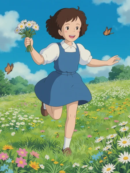 A young girl with curly brown hair and wearing a blue dress is skipping through a flower-filled meadow. She holds a bouquet of daisies in her hand, and a smile lights up her face. The meadow is full of colorful blooms, and butterflies dance in the air. The sun is shining brightly, and the sky is a brilliant blue.