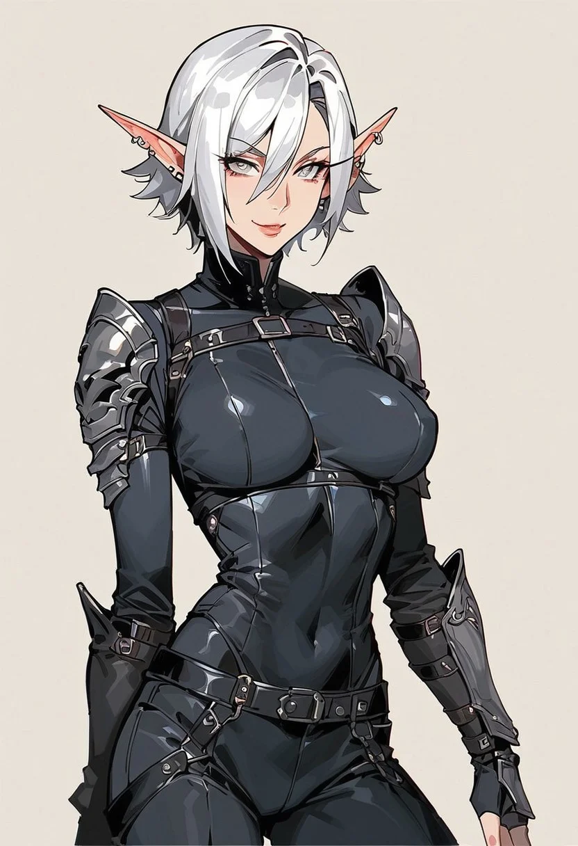score_9, score_8_up, score_7_up, high detailed, high quality, source_fantasy, concept art, Expressiveh, easynegative, watercolor \(medium\), traditional media, kdmstyle,
...
1girl, solo, mature, curvy body, (tall:1.5), medium breast, blood_elf,
pointed ears, multiple piercings, pale skin, silver eyes,
white hair, short hair, hair between eyes, Arlecchino hair style,
beauty face, smile,
...
black bodysuit, body straps, black pants, leather gauntlets, fingerless gloves,
model pose, cowboy shot,
...
simple background, beige background,