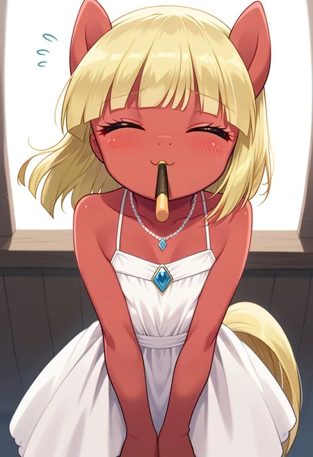 score_9, r0ug3, white dress, necklace, source_pony, ntm, <lora:incoming-pocky-kiss-ponyxl-lora-nochekaiser:1>, incoming pocky kiss, looking at viewer, blush, food, mouth hold, flying sweatdrops, pocky, closed eyes, foreshortening