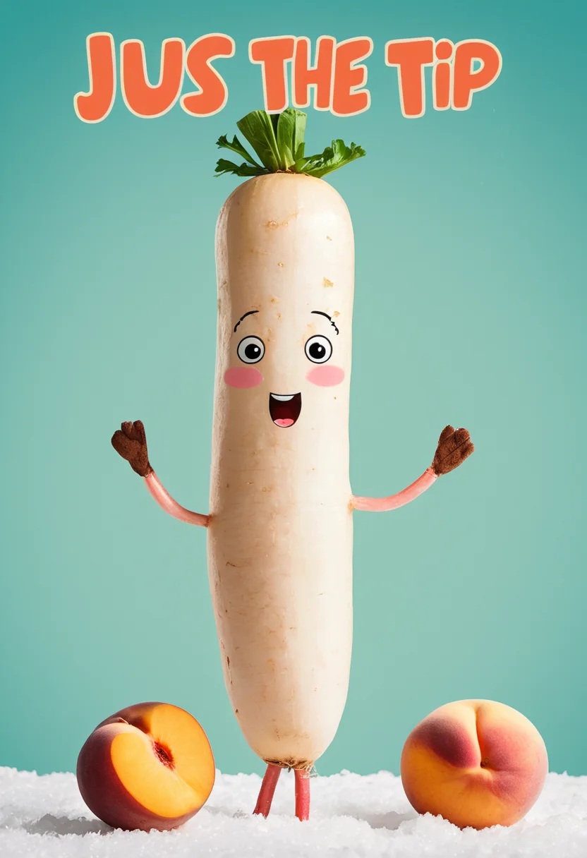 Movie poster for "Just the Tip", featuring a hilarious and slightly risqué Daikon Radish and Peach, style comic illustration, mood playful with a hint of mischief, lighting bright winter daylight, high resolution