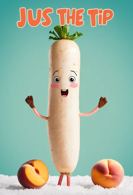 Movie poster for "Just the Tip", featuring a hilarious and slightly risqué Daikon Radish and Peach, style comic illustration, mood playful with a hint of mischief, lighting bright winter daylight, high resolution