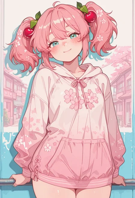1girl, solo, looking at viewer,
sakura_hatsune_miku,
freckles, standing, twintails, cherry_hair_ornaments,
baggy-clothing, graffiti-aesthetic,
smile,

pink, white, blue,
painted_background,
urban, pink_blossom_trees,

Kenorland, kenorland, artist:moriimee, 748cmstyle, Bl3th3bn3_Styl3_SKNSFW,