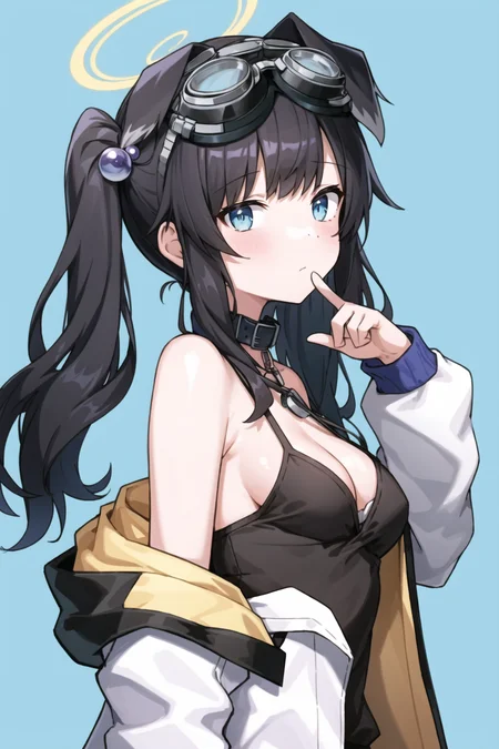 masterpiece, best quality, ultra-detailed,1girl, bare shoulders, blue background, breasts, closed mouth, collar, default, from side, goggles, goggles on head, hair bobbles, hair ornament, halo, hand up, hibiki, jacket, long sleeves, looking at viewer, off shoulder, open jacket, simple background, solo, twintails, upper body, white jacket <lora:hibikiV2:1>