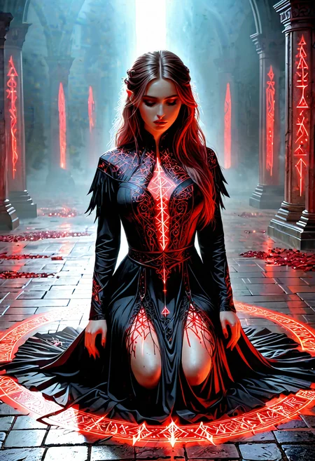 a fallen dark angel covered in red glowing runes, ripped long dress, kneeling on the ground, sad expression, melancholy