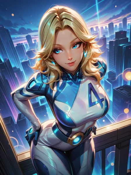 highres, hi res, best quality, masterpiece, intricate details, absurdres, 4k,,, cartoon,
1girl, blonde hair, blue eyes, earrings, bodysuit, gloves, (SueStormXL:1.1).
dynamic pose, cowboy shot, looking at away, sexy pose, city, looking at viewer, hands on hips, light smile, dutch angle, leaning forward,,
<lora:ASueStorm_character-12:0.8> <lora:RealisticAnimeIXL:0.8> bokeh, luminescent background,,