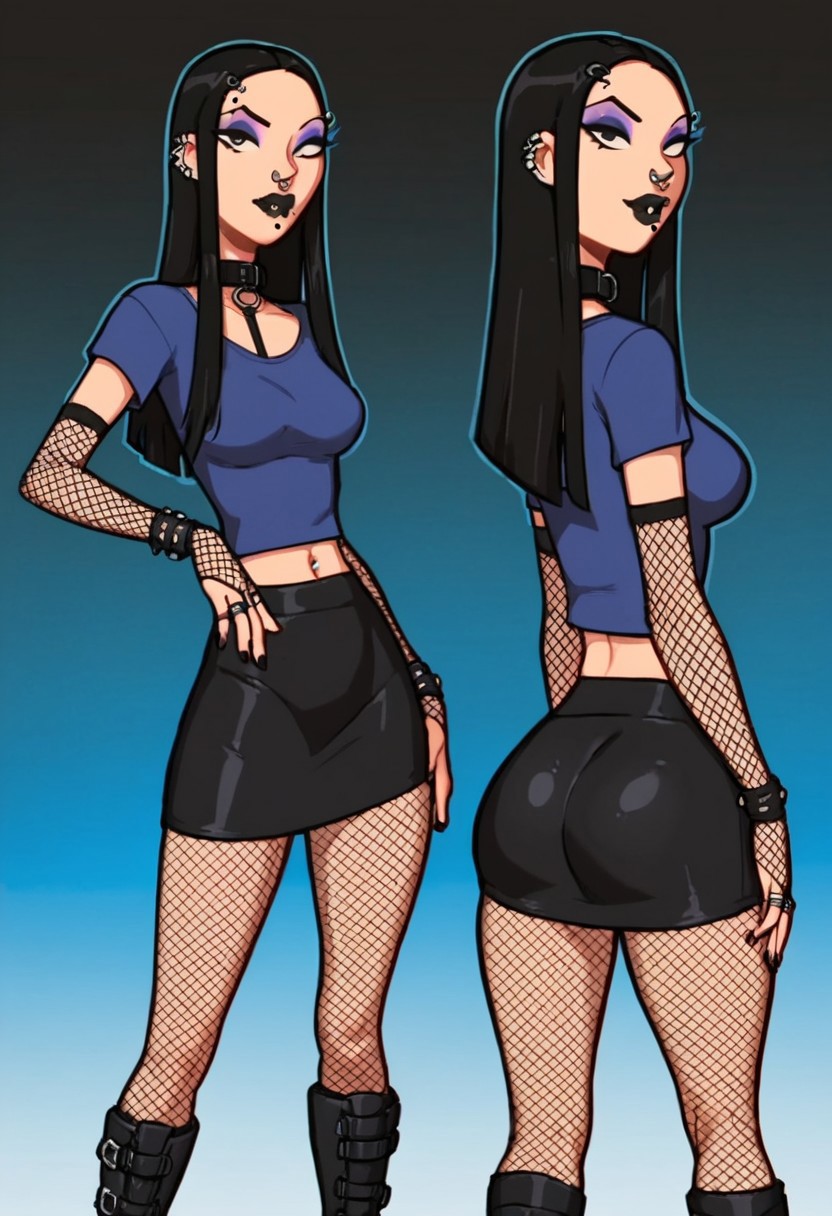 score_9_up, score_8_up, score_7_up, score_6_up,),  (high quality), (high resolution),  g0th1c, glowing, (Perfect eyes, Perfect body), BREAK, 1girl, solo, ((Juliet, goth girl, black hair, long black hair, black eyes, one mole under the left eye, makeup, black lipstick, purple eyeshadow, jewelry, ring piercings, one eyebrow piercing, one lip piercing, one nose piercing, multiples ear piercings, black collar with spikes, black bracelets with spikes, blue t-shirt, short sleeves,  black skirt, elbow long fishnets gloves, fishnets pantyhose, black boots, black thong, slim waist, wide hips, medium breasts, ))),  standing, looking at view, ass, back view, front view,  BREAK, colorful background, blue background, black background, BREAK, score_9, score_8, score_7,