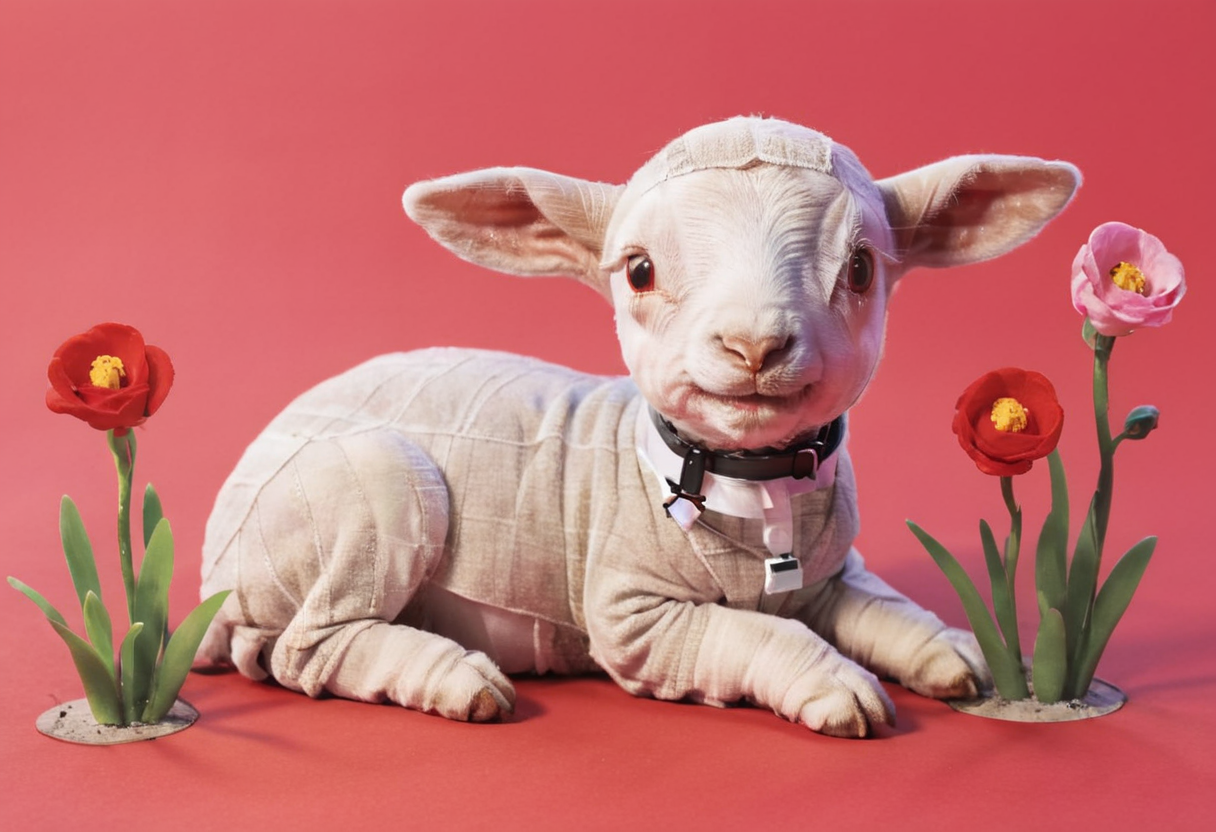 cute cartoon character, lamb enjoying springtime flowers, red palette, lynch style <lora:lynchstyle_v0.0.3:1.4>